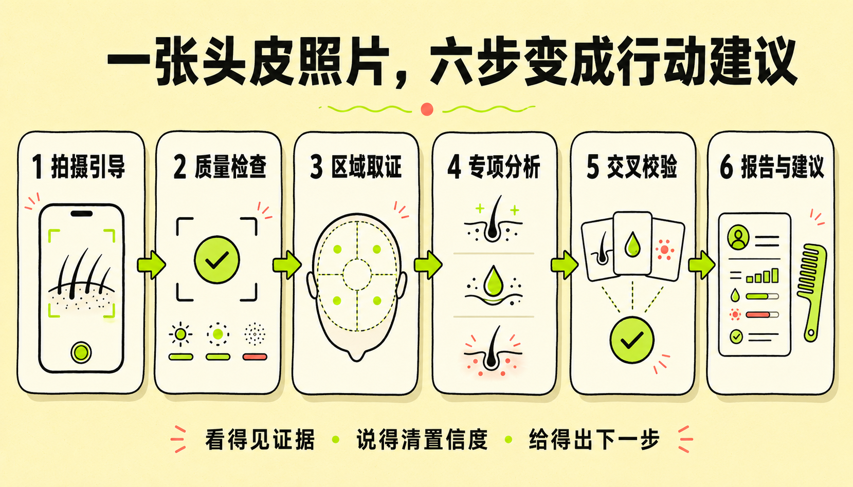 秃了么从拍摄引导、质量检查、区域取证、专项分析、交叉校验到报告与建议的六步流程